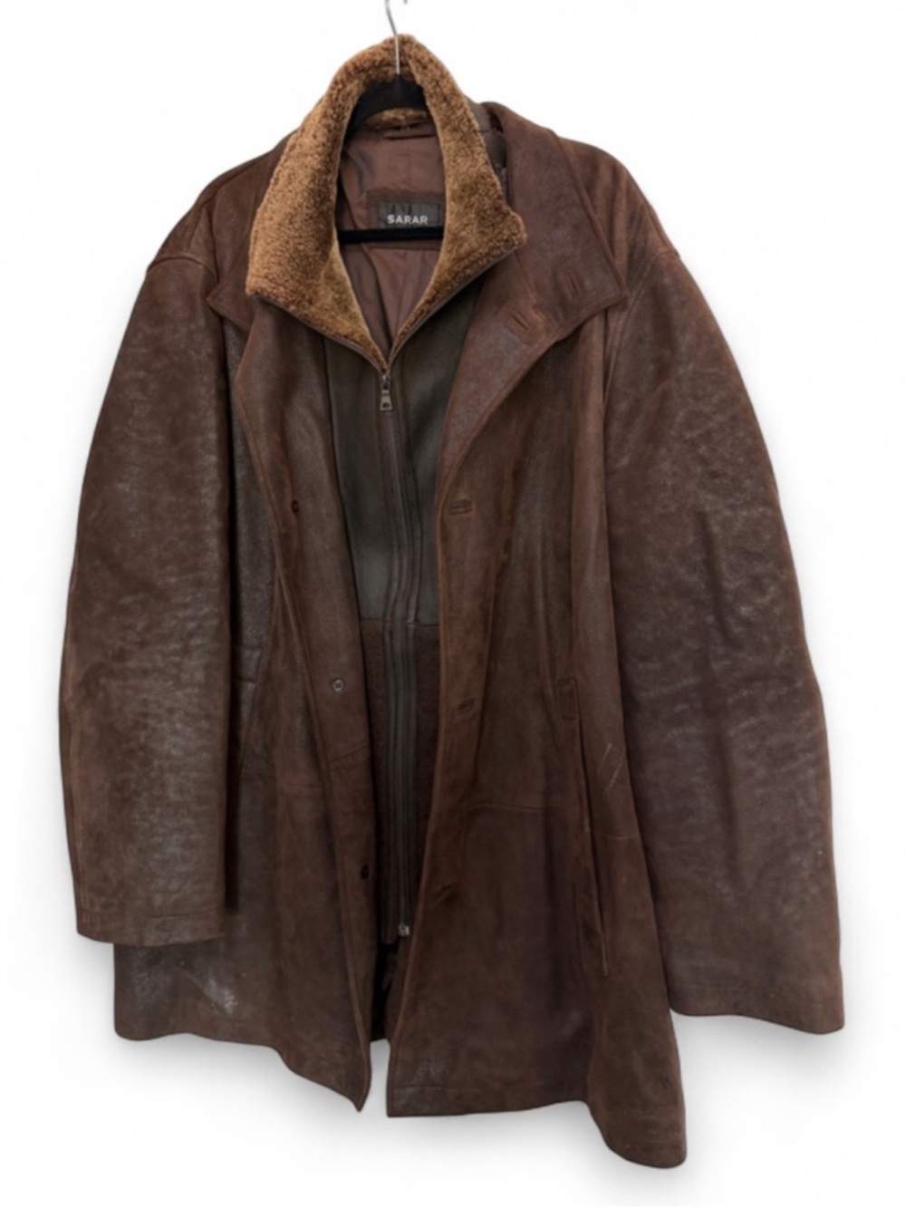 SARAR Genuine Leather Layered Illusion Suede Zip Jacket Faux Fur Collar